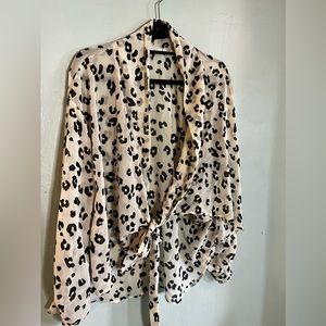 Final Touch ivory and black tie front leopard top